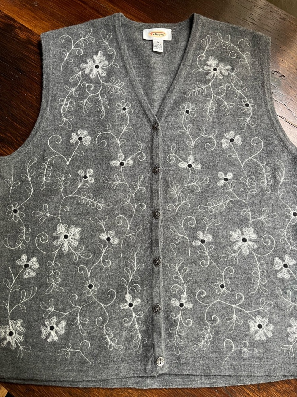Size M Talbots Quality Brand Embroidered Gray Button-Front Wool Vest